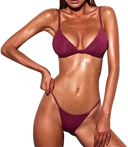 FLEAP 2 Pieces Push Up Padded Swimsuit Spaghetti Thong Bikinis V Neck Brazilian Bottom Bra Sets,Red,US Size 4-6