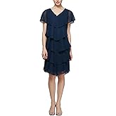 S.L. Fashions Womens Short Sleeve Tiered Chiffon Cocktail Dress, Wedding Guest Gown (Petite and Regular Sizes)