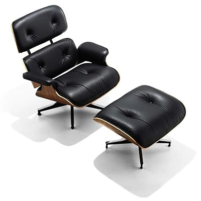 Mid Century Lounge Chair with Ottoman, Natural Leather & Wood