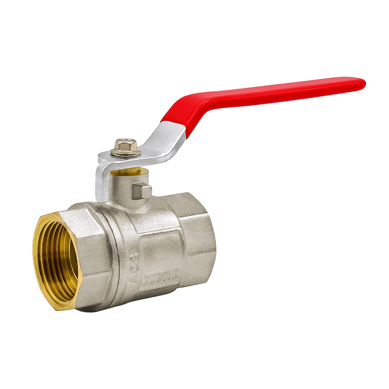 VARIOSAN 13347 Brass Ball Water Valve, 1 1/4 Inch, Full Bore, Nickel-plated, 25 bar, Red Lever Handle