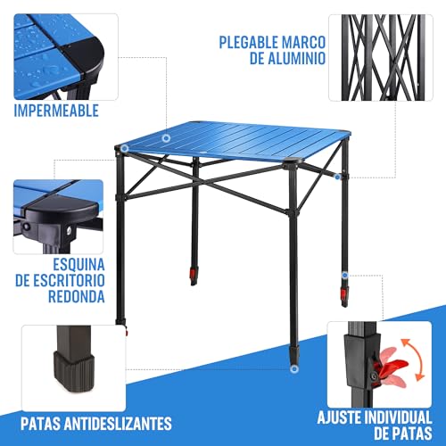 VILLEY Folding Table with Carry Bag, Portable Aluminium Folding Table, Height Adjustable Camping Table, Camping Table for Picnic, Fishing, Camping, Beach and Extrior, 70 x 70 x 78 cm