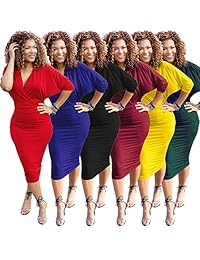 Choichic Bodycon Midi vestido de mujer - Elegante cuello en V profundo envoltura de cuello de murciélago mangas vestidos lápiz 2019