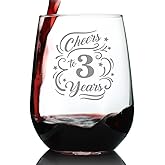 Bevvee Cheers to 3 Years - Stemless Wine Glass Gifts for Women & Men - 3rd Anniversary Party Decor - Large 17 Oz Glasses
