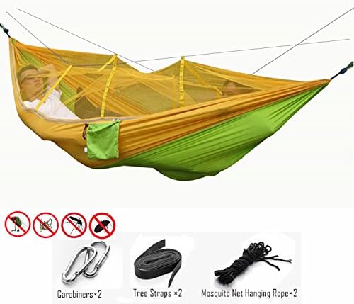 TOMTU Lightweight Nylon Camping Hammock with Mosquito &amp; Bugs Net, 210T Parachute Fabric Double Hammock with Tree Straps – 440lbs Great for Indoor Travel Adventure Hiking Beach Yard Yellow
