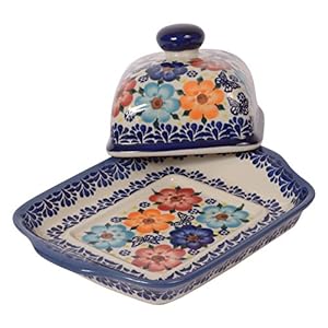 Traditional Polish Pottery, Handcrafted Ceramic Butter Dish with Lid, Boleslawiec Style Pattern, B.101.MEADOW