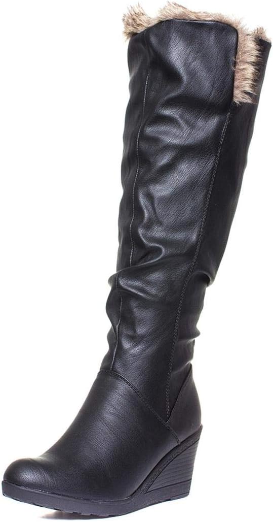 Womens Black Faux Fur Wedge Knee High Boot