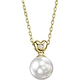 The Pearl Source 14K Gold 10-11mm Round White Freshwater Cultured Pearl & Diamond Lev Pendant Necklace for Women