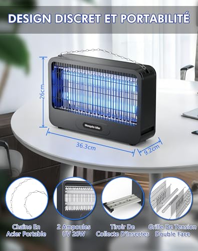 Lampe Anti Moustique Extérieur 3500V, Tue Mouche Électrique 20W, UV Lampe Anti Mouche avec Chaîne Métallique, Sécurisé, Éco-Énergétique et Silencieuse, pour Chambre, Cuisine, Cour et Jardin (100m²)