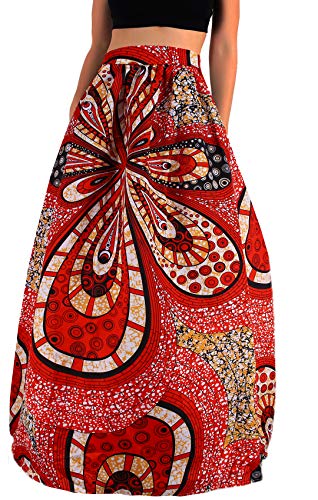 Novia's Choice Women African Floral Print Pleated High Waist Maxi Casual A-Line Skirt(Big Red Flower L)