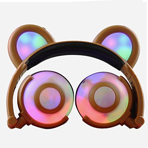 Bear Ear Headphones,SNOW WI Flashing Glowing Cosplay Fancy Cat Headphones Foldable Over-Ear Gaming Headsets Earphone with LED Flash light for iPhone 7/6S/iPad,Android Mobile Phone,Macbook (00Brown)