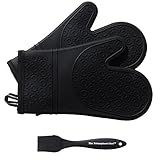 Super Flex Silicone Oven Mitt, Deluxe Quilted Liner, 1 Pair, Black, Bonus Sauce Brush