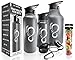 Double Wall Vacuum Insulated Water Bottles–30, 40 & 64oz 18/8 Food Safe Stainless Steel- Includes Flip Top & Wide Mouth Lid, Removable Fruit Infusion Rod & Carabiner- For Hot & Cold (Dark Grey, 40oz)