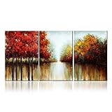 Asmork 100% Hand-Painted Autumn Scenery Trees Landscape Southwest Panel Wall Art Oil Paintings On Canvas Paintings Home Decor Ready To Hang Artwork - 3 Piece