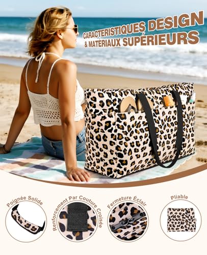 ISEYOU XXL Beach Bag, Large Women's Beach Bags with Removable Insulated Bag, Multi-Pocket, Foldable, Waterproof, Beach Bags with Zip for Swimming Pool, Travel, Holiday, Picnic, Gym, 49L