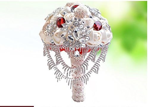 Hestian 7" the Most Beautiful Queen Bouquet Luxury Handmade Romantic Silk Roses with Deluxe Flower Style and Elliptical Shape Rhinestones,the Rhinestones Chain Rose Bridal Wedding Bouquet Silk Rose Hand Tie (pink)