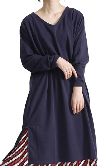 Amazon ゴールドジャパン 大きいサイズ レディース ワンピース 裏毛 ドルマン Vネック 長袖 スリット ワンピース チュニック 通販