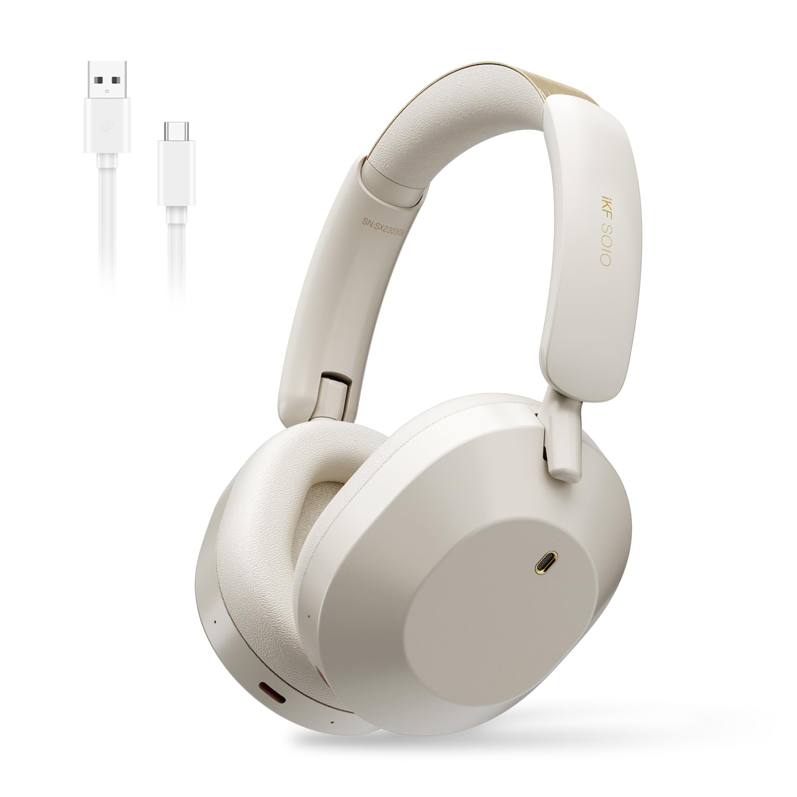 iKF Solo Over Ear Wireless Headphones with Active Noise Cancelling, Foldable Bluetooth Overhead Headphones, Hi-Res Audio, 130HPlaytime, Multipoint Connection, Comfortable Fit for Work(Offwhite)
