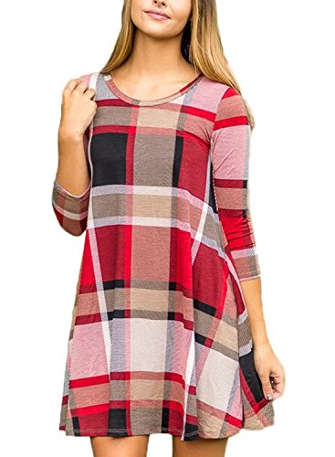 Acelitt Womens Casual Plaid Stripe Mini Swing Shirt Dress with Pockets Multicolored X-Large