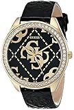 GUESS Women's U0473L2 Black & Gold-Tone Iconic Logo Watch with Genuine Crystals & Logo Embossed Patent Leather Strap