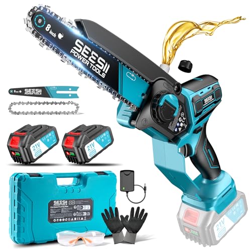 SEESII 6 & 8 Inch Chainsaw Battery, 1000W Brushless, Mini Chainsaw with 2*4000mAh Battery, Electric Saw for Pruning with Automatic Lubrication, Chainsaws Small Trees and Cutting Wood