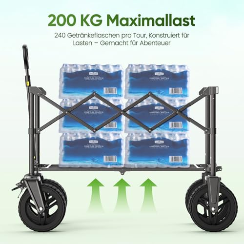 XXXL Bollerwagen Faltbar 300L mit Verstellbarer Heckklappe, 200 KG Belastbar, 360°-Schwenkbare All-Terrain-Räder & Doppelbremsen, Verstellbarer Griff & 2 Netztaschen，Strand/Wanderung/Camping/Einkauf
