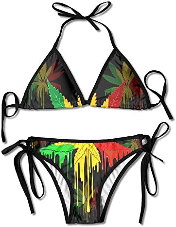 Fashion Womens Sexy Padded Bikini Set Pot Leaf Rasta Colors Dripping Paint Printing Adjustable Swimsuit 2 Piece