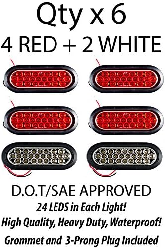 [4 Red + 2 White 6" Oval 24 LED Trailer Stop Turn Tail Reverse Backup Parking Brake Indicator Light Kit DOT Certified with Grommets & Plugs IP67 Waterproof Headache Rack Backrack