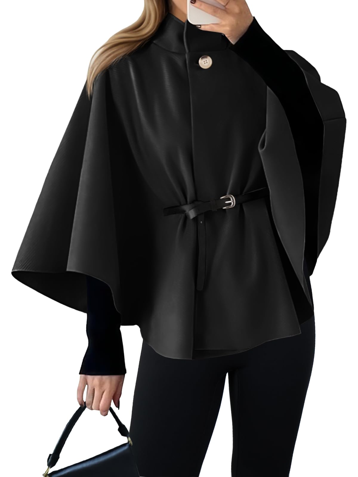 Photo 1 of Cicy Bell Womens Batwing Sleeve Poncho Pea Coats Oversized Belted Trendy Casual Stand Collar Cloak Cape Coats