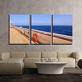 3 Piece Canvas Wall Art - Red Lifebuoy on a Railing of Cruise Ship - Modern Home Art Stretched and Framed Ready to Hang - 16"x24"x3 Panels
