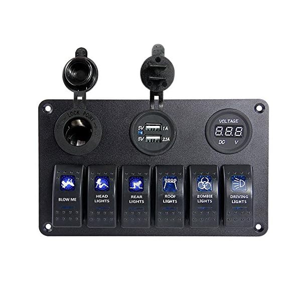 Proelectric-Blue-LED-Light-2-Waterproof-MarineBoat-Car-Switch-Panel-6-Gang-USB-Charger-Voltage-Indicator-Power-Socket-5-pin-On-Off-Rocker-Switch
