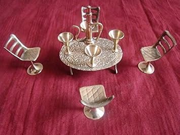 GREENTOUCH CRAFTS Brass Dining Table Chair Maharaja Set (centre table : 4 x 4 inch surahi : 3 inch wine glasses: 1 inch chairs : 2.5 inch, Brown)