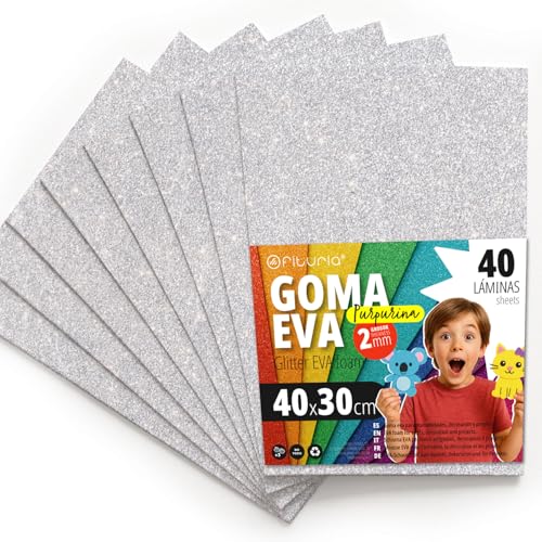 OFITURIA Glitter Eva Rubber for Creative Crafts, Glitter Foam Sheets for DIY, School Projects, Decorative Art, Scrapbooking 40 x 30 cm (White Glitter, 40 pcs)