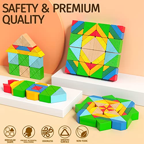 zhiwuzhu Wooden Building Blocks for Toddlers 3 4 5, Montessori Toy for Kids, 48PCS Stacking Blocks with 30-Piece Instruction Cards and Storage Bag, Preschool Educational Toy for Boys and Girls Gifts