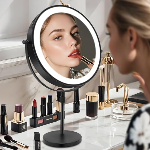 MEKOTRIN Makeup Mirror with Lights, Magnifying Mirror 10x 360° Rotation with 3 Coloured Lights Adjustable Brightness, Double-Sided Makeup Mirror for Personal Care and Makeup