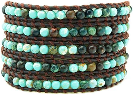 Beaded Natural Turquoise Genuine Brown Leather Multi 5 Wrap BOHO Bracelet