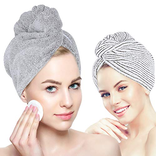 Organic Bamboo Hair Towel - Laluztop Hair Drying Towel Turban Wrap with Button, Anti Frizz Absorbent & Soft Bath Cap for Curly, Long Thick Hair(2 PACK) (Best Hair Drying Turban)