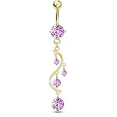 Forbidden Body Jewelry 14kt Gold Plated Surgical Steel Fancy Pink CZ Crystal Vine Drop Multi Gem Dangle Belly Button Ring