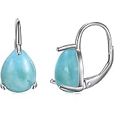 SHEAISRS 925 Sterling Silver Moss Agate Opal Larimar Turquoise Black Onyx Rose Quartz Amethyst Garnet Moonstone Leverback Earrings for Women Teardrop Hoop Earrings Birthstone Jewelry