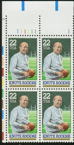 KNUTE ROCKNE ~ NOTRE DAME FOOTBALL #2376 Plate Block of 4 x 22 US Postage Stamps