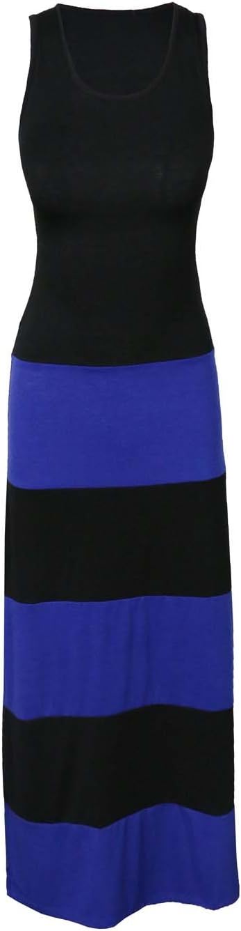 makeitmint Women's Basic Color Contrast Stripe Sleeveless Tank Round Neck Maxi Dress