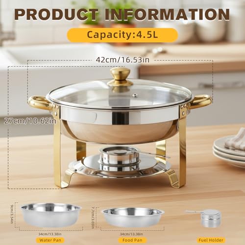 food Warmer Server, Chafing Dish Buffet Set, Round Catering Warmer Server Stainless Steel with Glass Lid, Water Pan, Lid Stand, Fuel Holder Cover (2pcs)