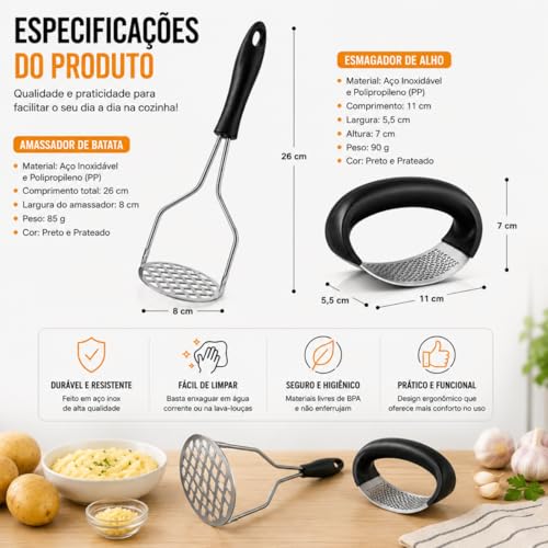 Kit Amassador de Batata + Espremedor de Alho Profissional em Aço Inox – Kit culinário premium para receitas rápidas Resistentes Fácil Limpeza Ideal para Purê Temperos e Receitas Rápidas PREMIUM