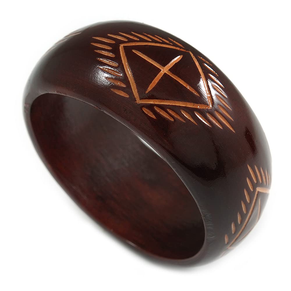 Avalaya Wide Chunky Wooden Bangle Bracelet with Tribal Motif/Medium/Possible Natural Irregularities