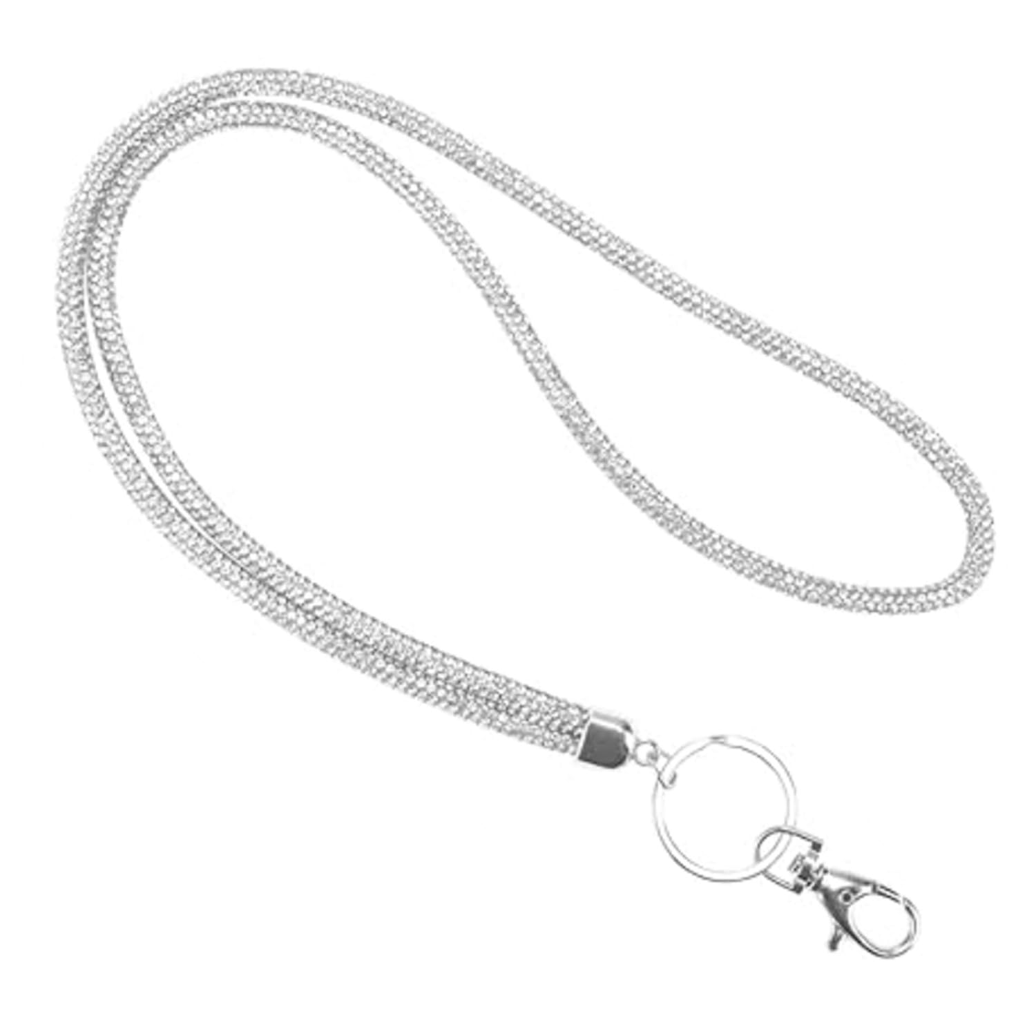JJiaoLinin Rhinestone ID Card Holder Lanyard - Crystal Decorative Badge Strap with Metal Clasp - White