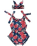 2pcs Baby Girls Rose Printed Sleeveless Tassel Romper + Headband (12-18M, Rose)
