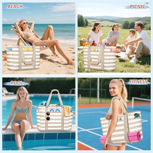 KTUEOV Large XXL Family Beach Bag, Waterproof 45L Women's Beach Bag with Zip, 12 Pockets, Beach Bag for Men Beach Foldable Lightweight for Swimming Pool, Travel, Gym, Shopping