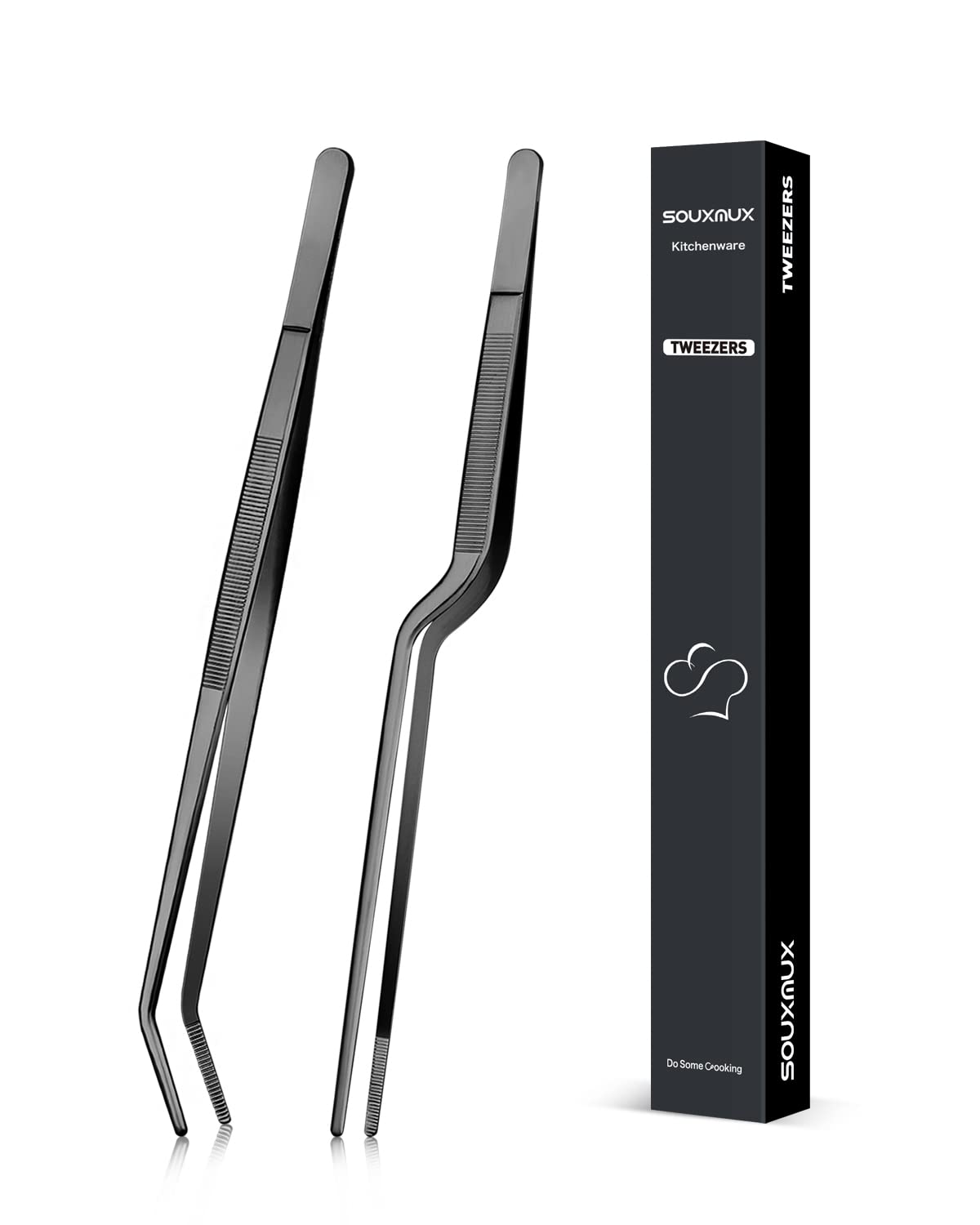 25.5cm Cooking Offset Tweezer and Curved Tong Set, Tongs Precision Serrated Tips, Stainless Steel Professional Chef Tweezer Kitchen Tools for BBQ, Plating and Serving