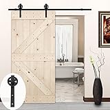 LUBANN 42in.x 84in. Unfinished British Brace Knotty Pine Barn Door with Sliding Door Hardware Kit (Big Wheel)