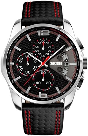 VOGUELADY Mens Sport Watch Analog Quartz Watches with Chronograph Leather Strap Wrist Watch Red 9106