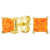 Simple Classic White Fire Orange Green Blue Opulence Gemstone Created Opal Square Princess Cut Stud Earrings 14K Yellow Gold Plated .925 Sterling Silver 5MM October Birthstone